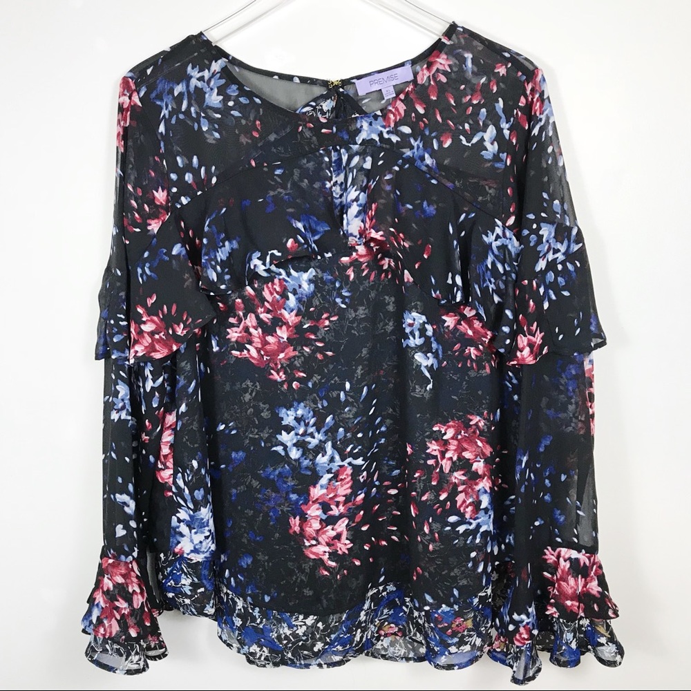 Premise Black Floral Chiffon Long Sleeve Blouse